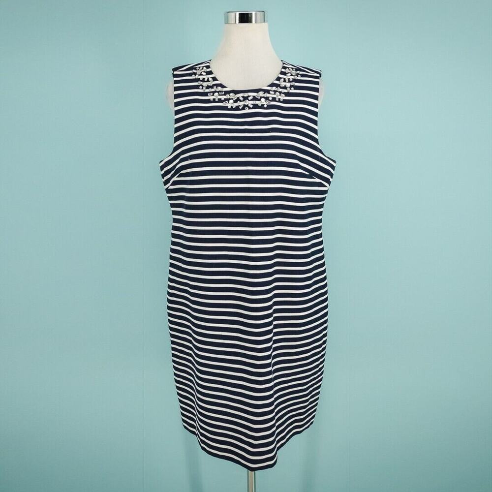 J. Crew Size 14 Blue White Stripe Rhinestone Jewel Embellished Sleeveless Dress